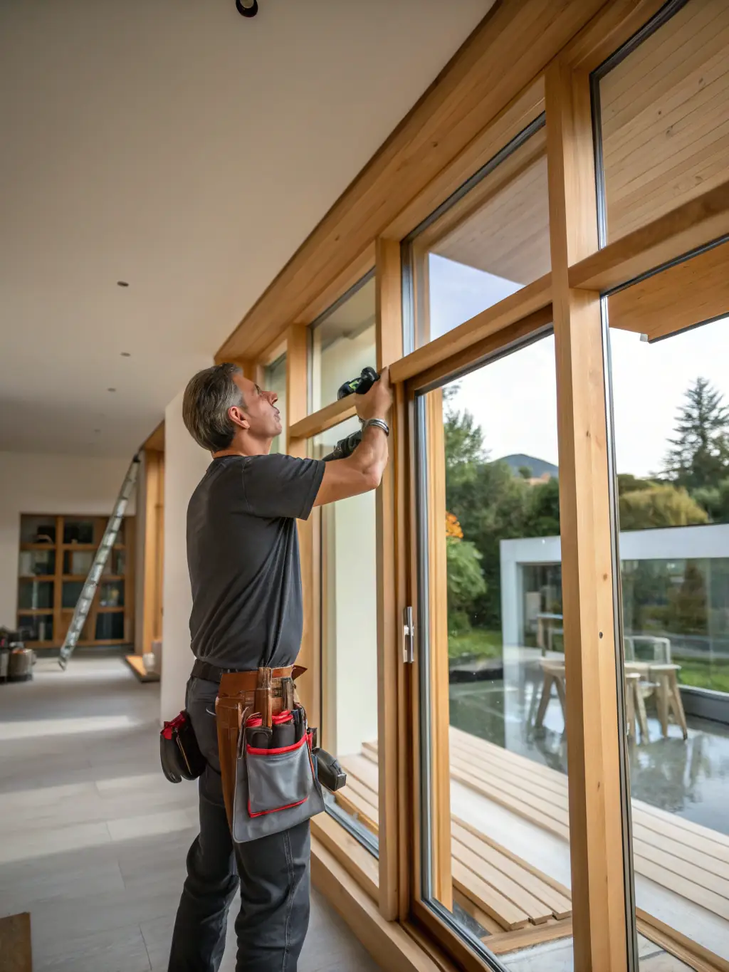 A craftsman installing energy-efficient windows in a home, highlighting ML Contracting LLC's commitment to sustainable building practices.