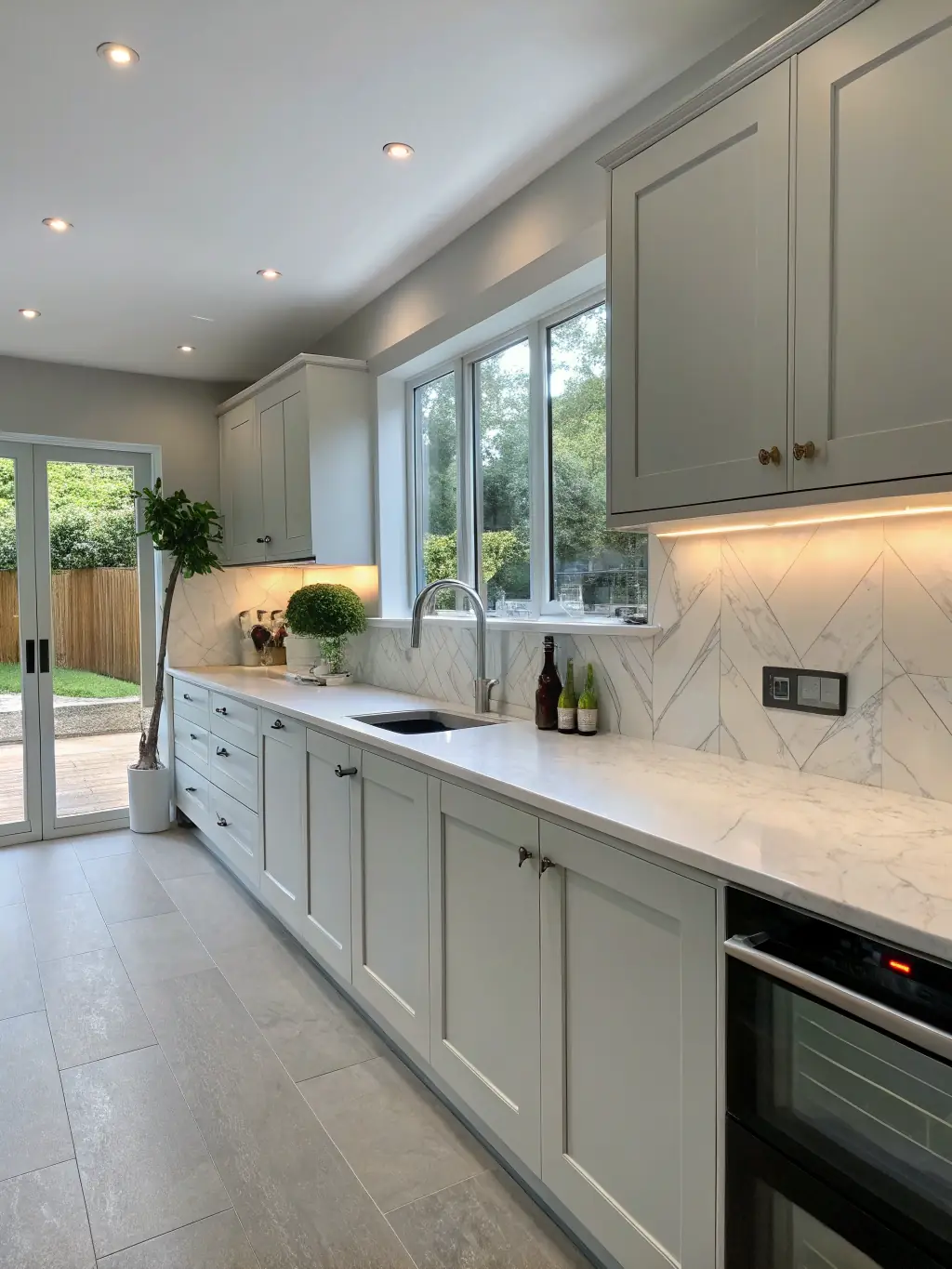 A modern kitchen renovation with new cabinets, countertops, and lighting, showcasing ML Contracting LLC's residential remodeling expertise.