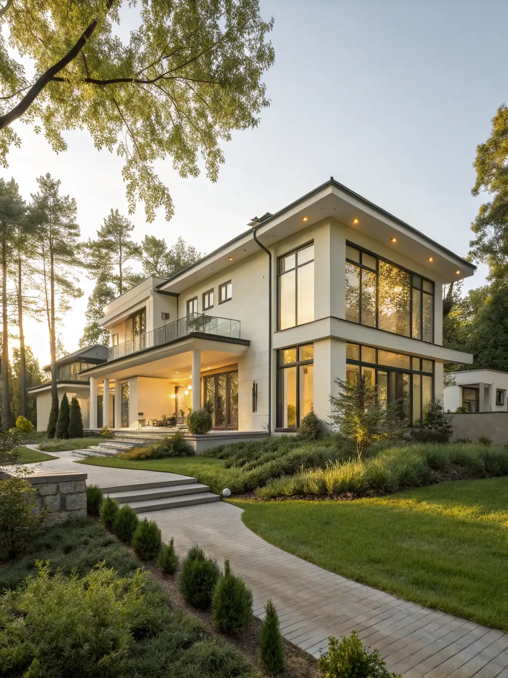 An elegant photograph of a newly constructed custom home, featuring unique architectural details and landscaping, representing ML Contracting LLC's custom home building capabilities.